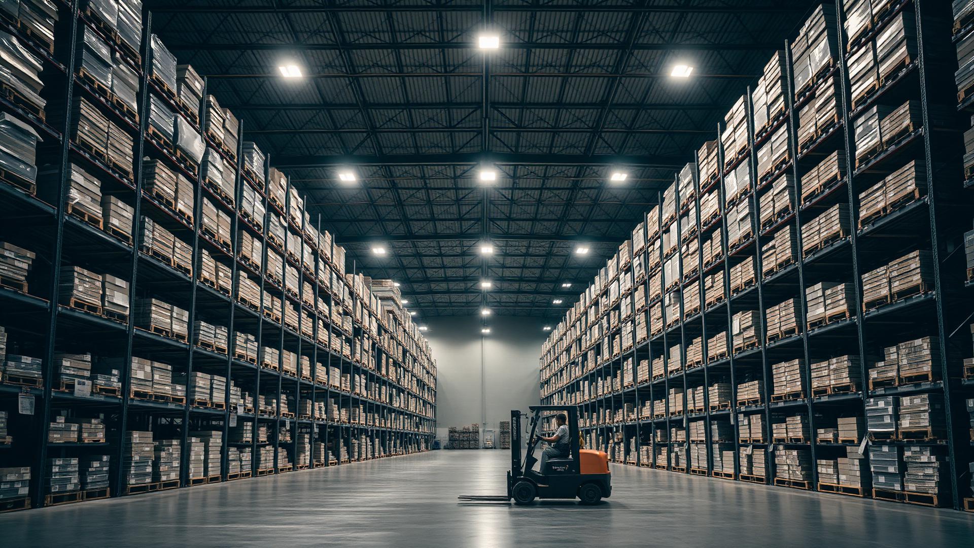 Interior of a high-bay distribution warehouse with racked pallets